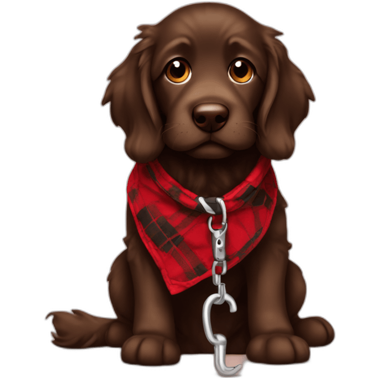 A chocolate colored doodle wearing a red and black flannel handkerchief holding his leash in his mouth emoji