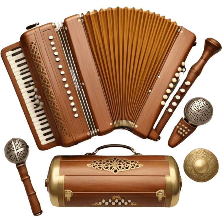 Create a colorful and cultural humanless emoji representing folk singing. The design should feature a collage of traditional folk instruments, such as a wooden flute (dudka), a button accordion (harmon), a set of gusli, and a tambourine (buben), all arranged in a harmonious, flowing design around a vintage microphone. The instruments should have earthy, natural tones like wood browns, brass accents, and vibrant colors reflecting their folk origins. Add subtle musical notes to tie the elements together, symbolizing the power of folk music. The background should be transparent. emoji