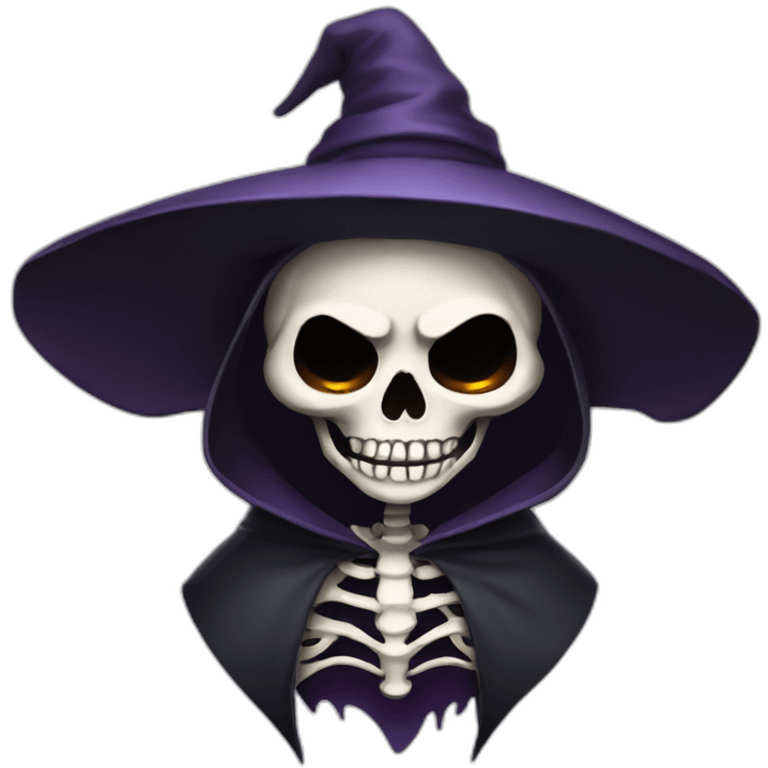 skeleton with vampire teeth wearing a witch hat and cloak emoji