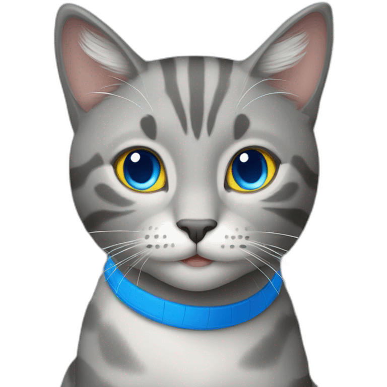 a happy gray cat with blue eyes and a blue and yellow volleyball emoji