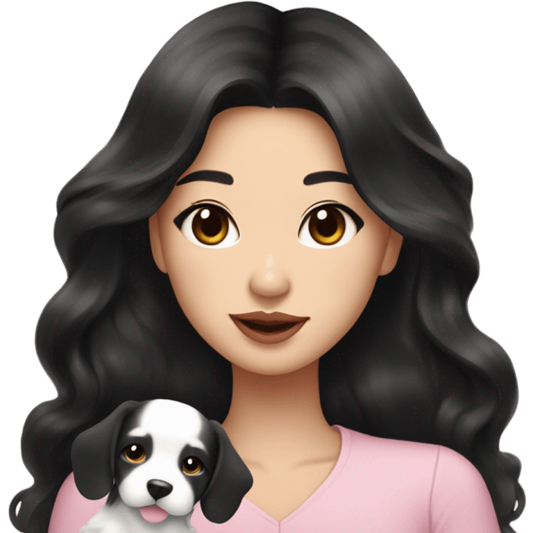 stunning asian woman black long wavy hair, light pink lips holding happy puppy emoji