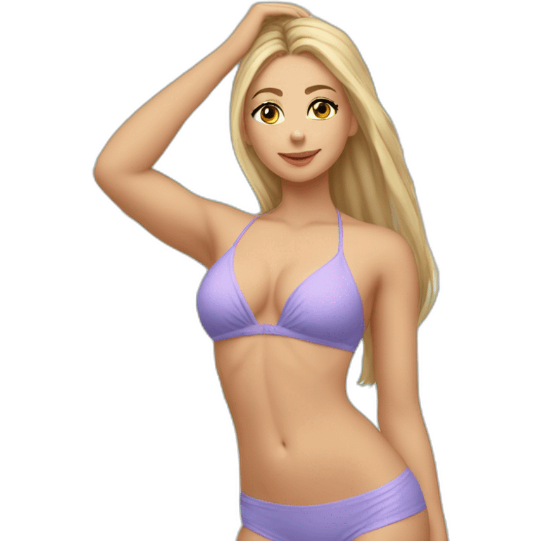 Slim-thicc Caucasian woman bikini hands-in-hair pose (beach body) full body emoji