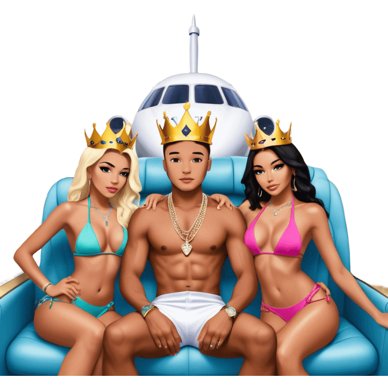 Josh King Madrid Wearing a crown, surrounded by 3 gorgeous Instagram bikini models famous for their body work with dr Miami who are hugging him and sitting on his lap fighting for his attention , Jetset wearing tons of diamond chains , sitting in private jet , windows open in background with clouds  emoji