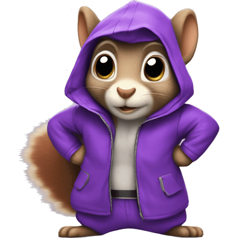 cute cartoon squirrel, wearing a purple super hero jacket with G emoji