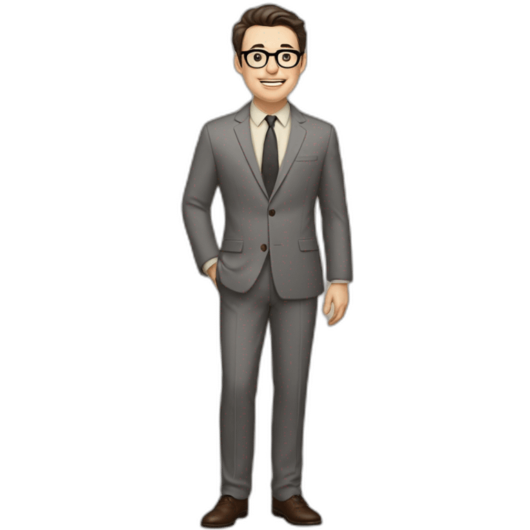 Full height Pale skinned Fit Man With dark brown hair in classic gray suit, beige office shirt, dark gray tie, and vintage glasses. Thrumbs of his palms directed up emoji