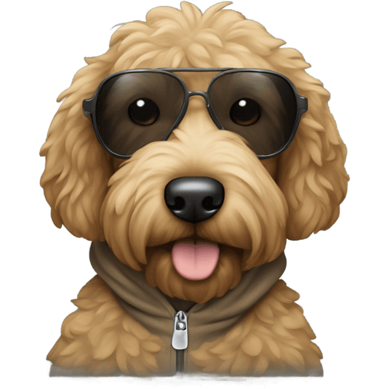 Black goldendoodle wearing a hoodie n sunglasses  emoji