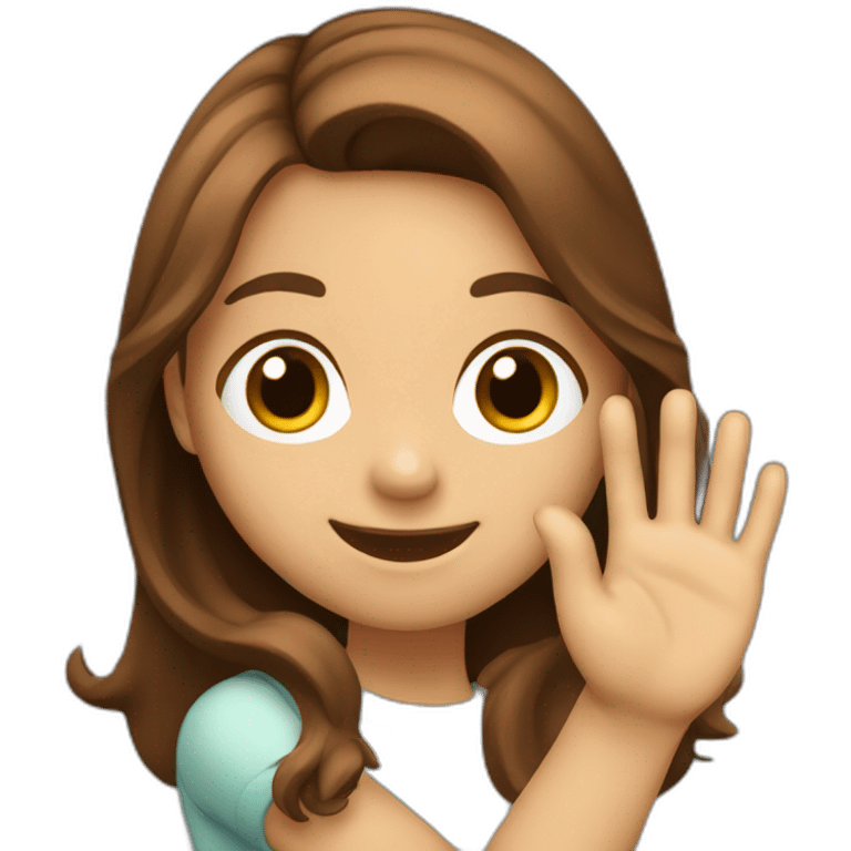 Girl with brown and long hair smiling kindly and waving with the right hand emoji