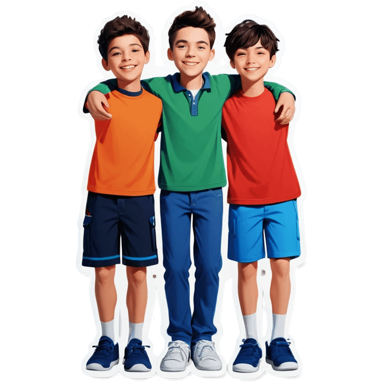 Three boys, side-by-side with the arms, stand emoji