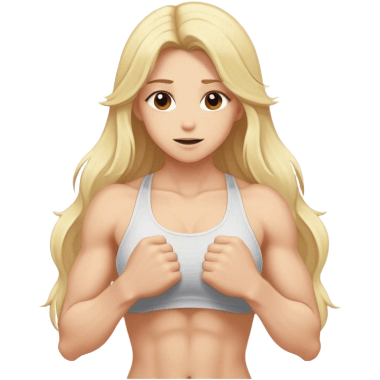 Pumped-up forms, realism, blonde long hair, sfw intimate pose emoji