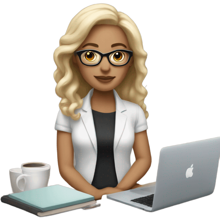 a white woman, basic style with simple, natural hair and minimal makeup, with glasses and macbook, and accessorizes with a watch , reflecting modern practicality. emoji