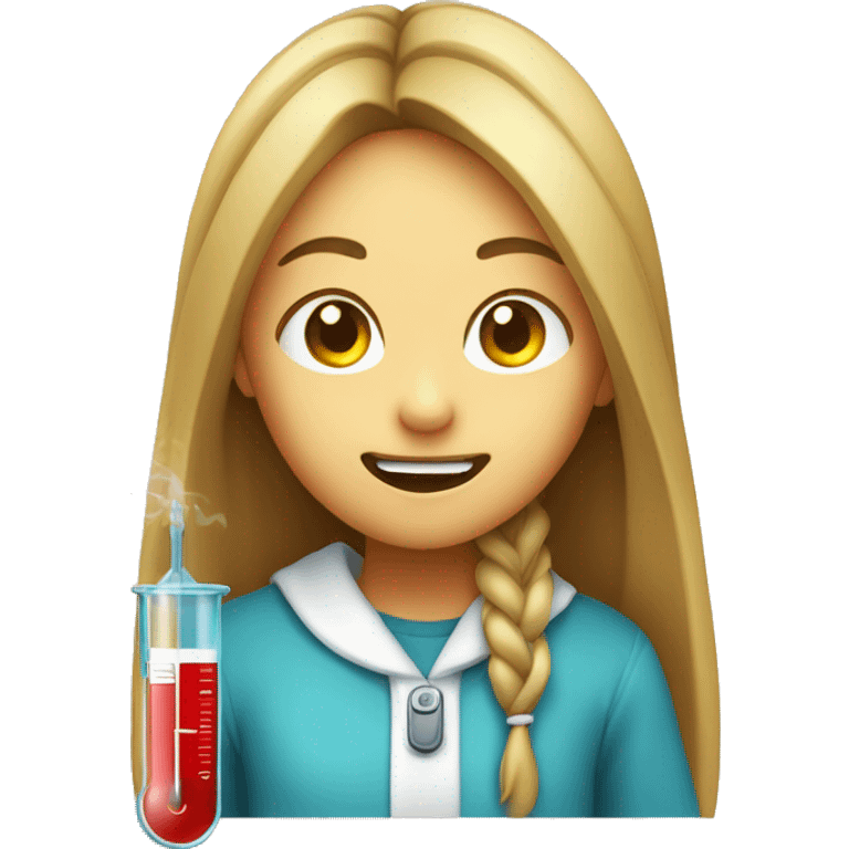 smiling girl with long hair with a thermometer in her mouth and looking sick emoji