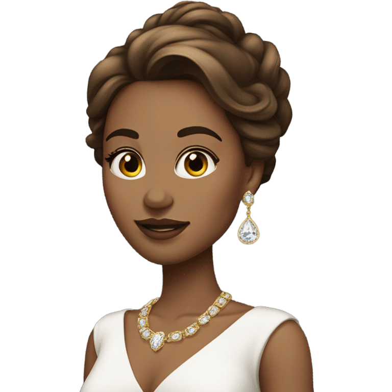 High class woman with long brown hair with golden highlights and diamond earrings, white dress and blushed cheeks emoji