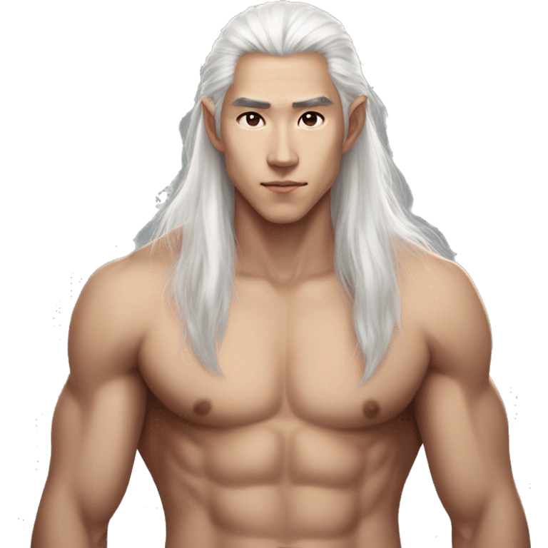 Asian masculine shirtless abs long white hair elf  emoji