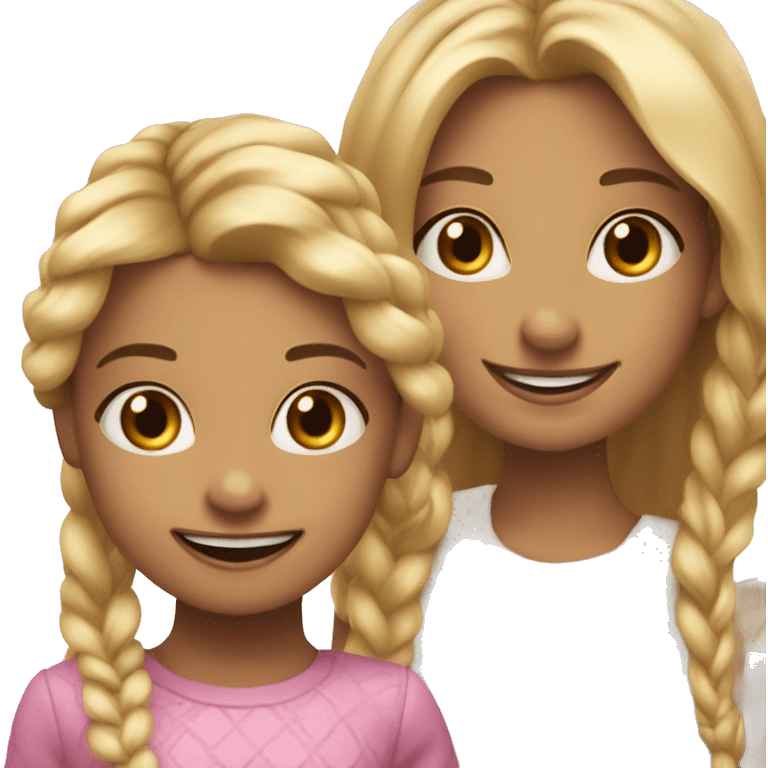 An emoji of a blonde mother with very long hair and a cheerful expression, standing next to her 3-year-old daughter, a small girl with black hair styled in two braids, both smiling happily together emoji