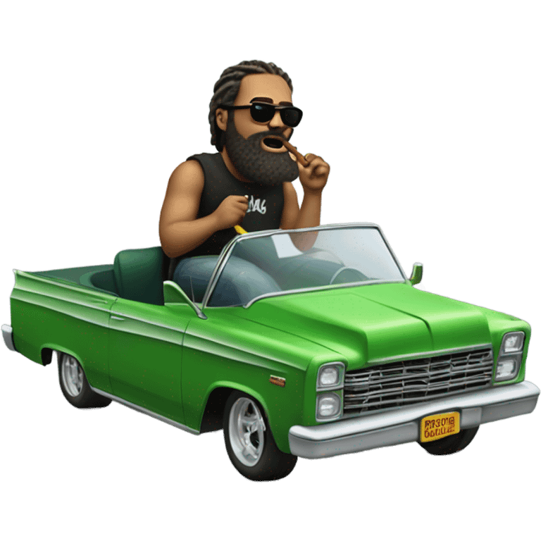 realistic portrait of bearded man puffing, big clouds while riding in a green Lowrider emoji