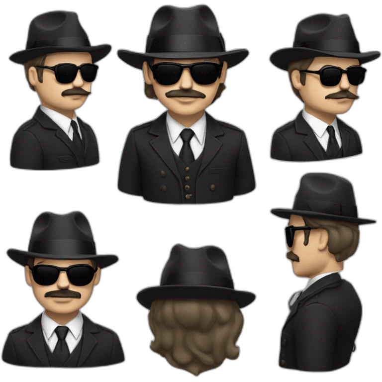 A man with a beige skin, a black suit, a tie, a black fedora hat, headphones, black sunglasses and a mustache. The emoji will be in black and white emoji