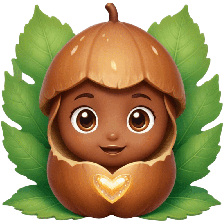 Cinematic tiny happy acorn, glossy brown, soft glowing highlights, tiny adorable face with big sparkly eyes, sitting on a pastel leaf, warm and cheerful. emoji