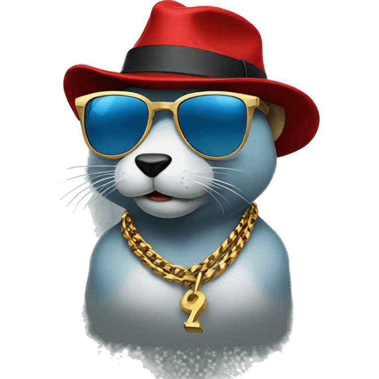 a gangsta blue gopher with a gold chain and cool sunglasses and a red hat emoji