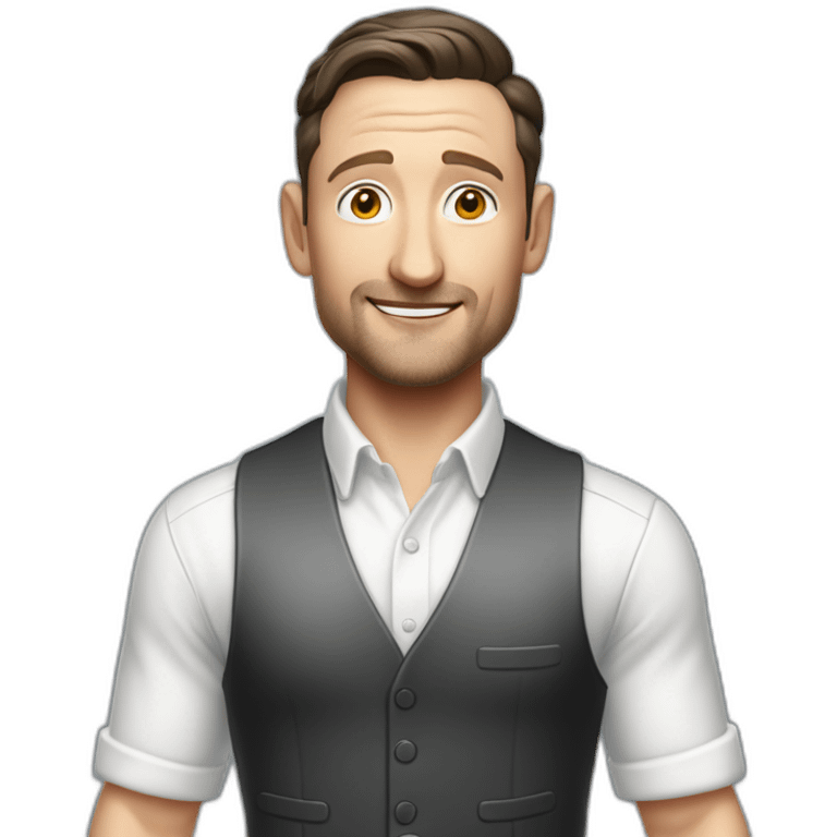 tim robinson dark black slicked back hair white shirt with a light grey vest pouring water on a steak emoji