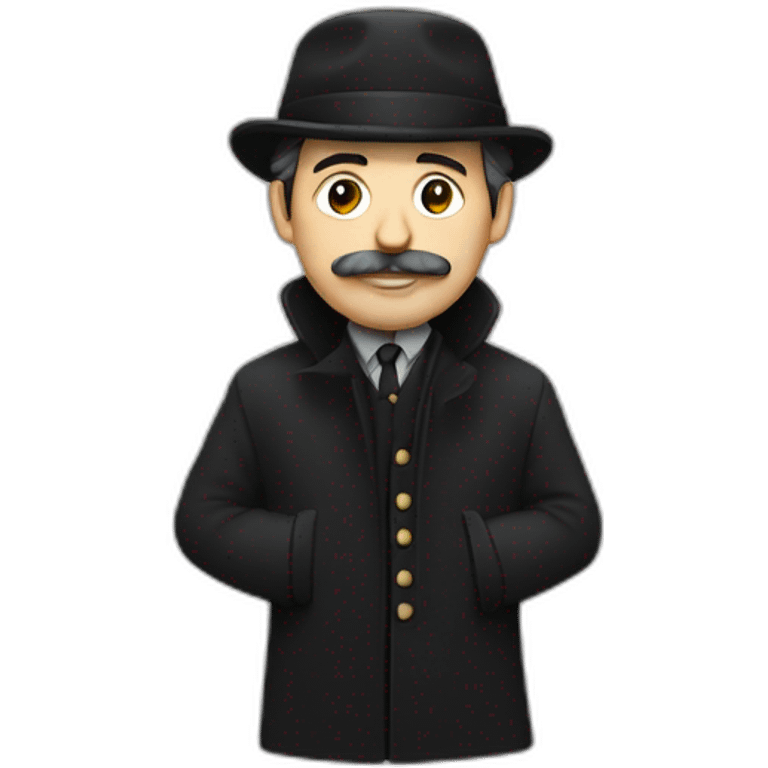 man in black coat, grey Irish cap, moustache and small beard emoji