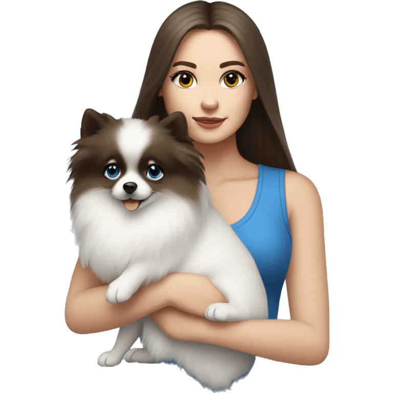 White Brunette girl with blue eyes  holding a white pomeranian  emoji