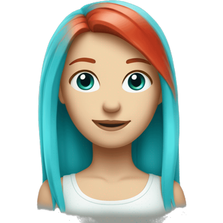 a white blonde girl with red hair at the bottom, her eyes are cyan, she smiles a lot emoji