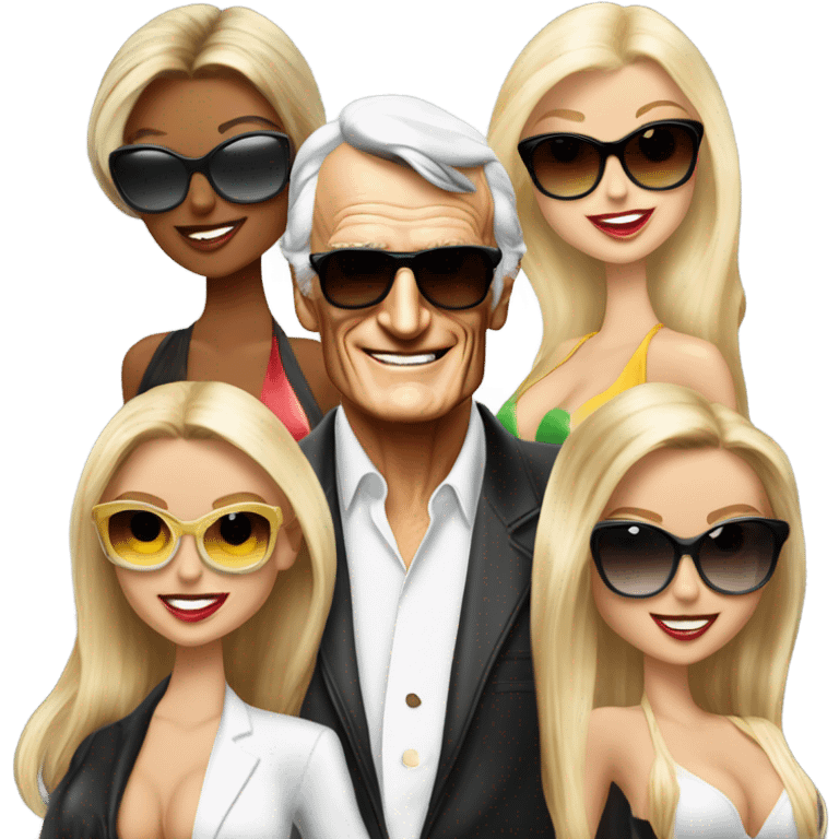 Hugh Hefner sunglasses smirking with 3 blonde models emoji