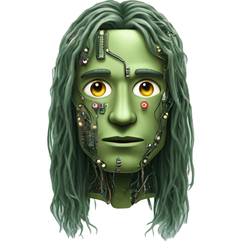 Olive green long hair man cyborg head with circuits emoji