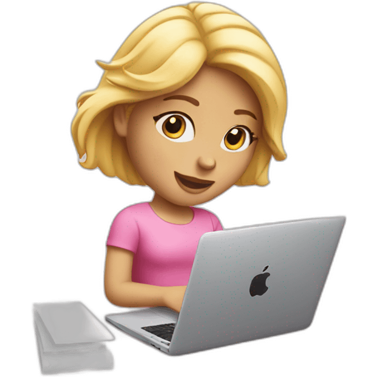 Blond girl typing on pink macbook emoji