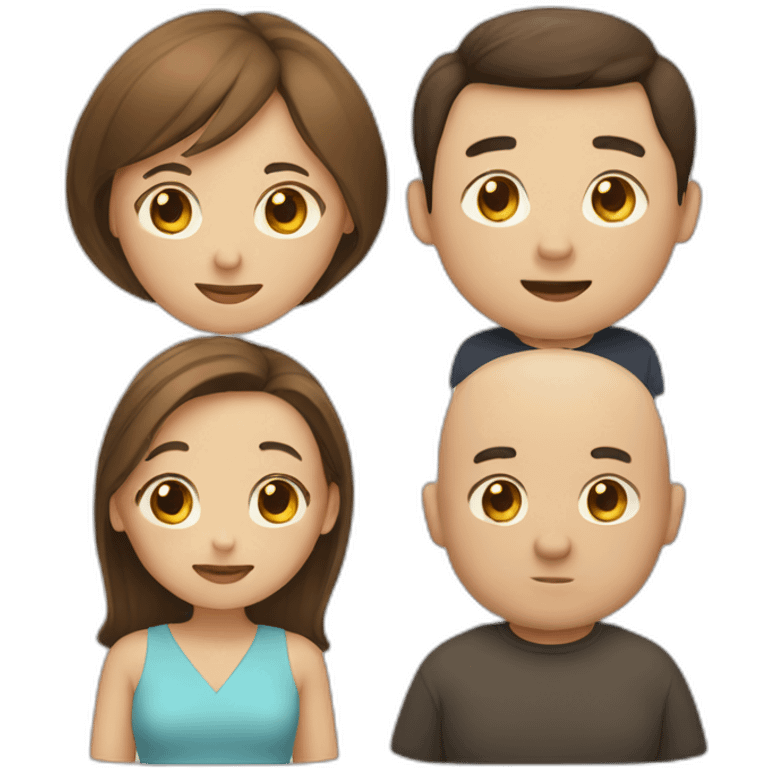 4 friends. A Chinese lady, bald man, a fat man, and a brown hair lady emoji