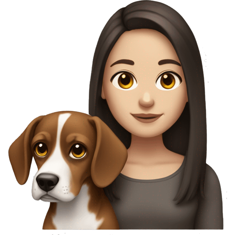 white girl with dark brown long hair, dark brown eyes and small beagle Dog emoji