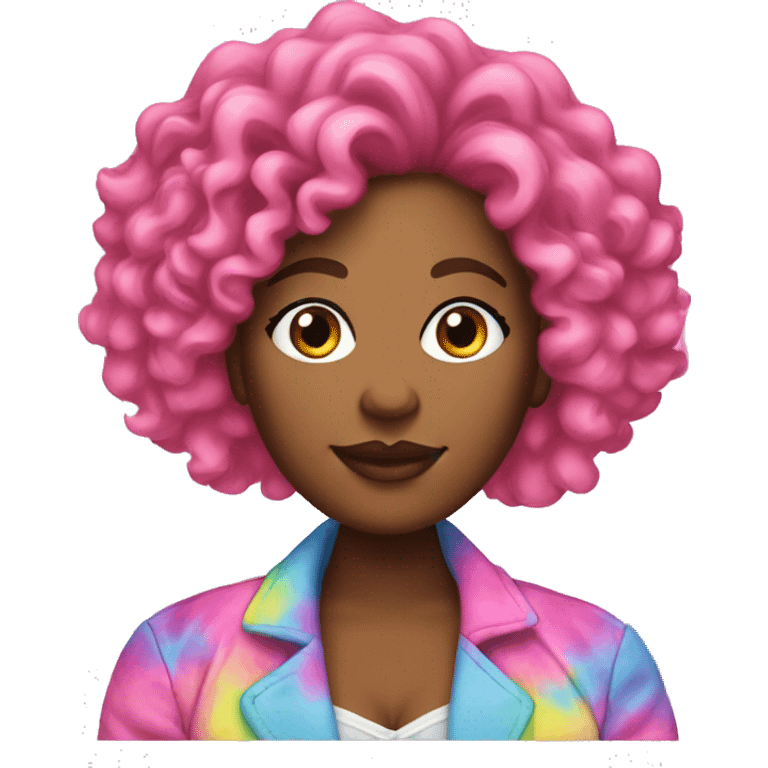 Plus size black woman with pink curly hair and a tie dye jacket  emoji