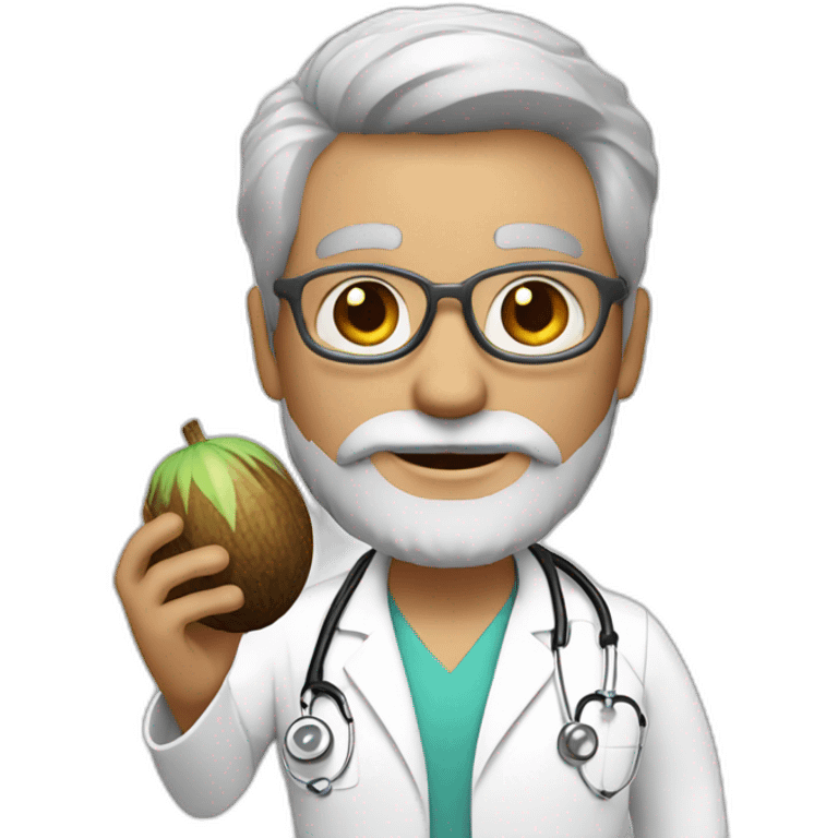 a doctor, full grey beard, white and grey short hair, holding a coconut on his hand emoji