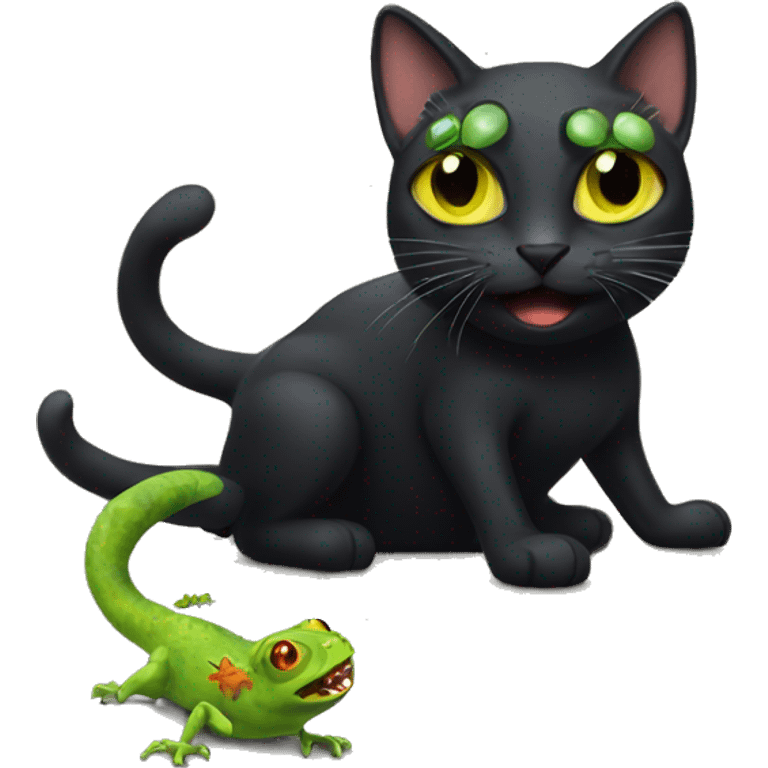 black cat with gecko on its head emoji