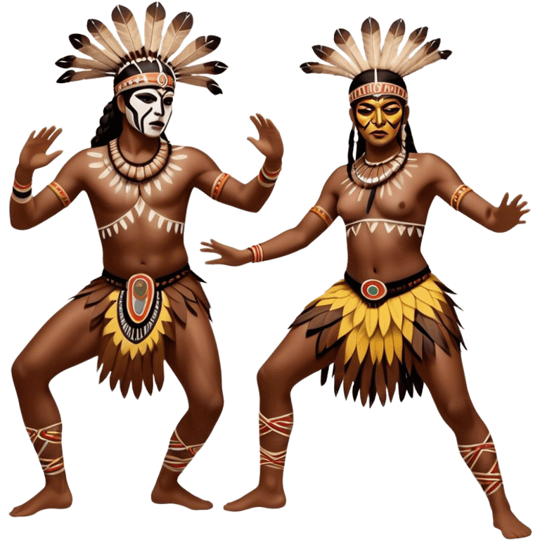 Cinematic Realistic scene of two indigenous dancers performing an Aboriginal Corroboree, adorned in intricate traditional body paint and ceremonial attire, captured in fluid motion with earthy tones and vibrant, cultural lighting emoji