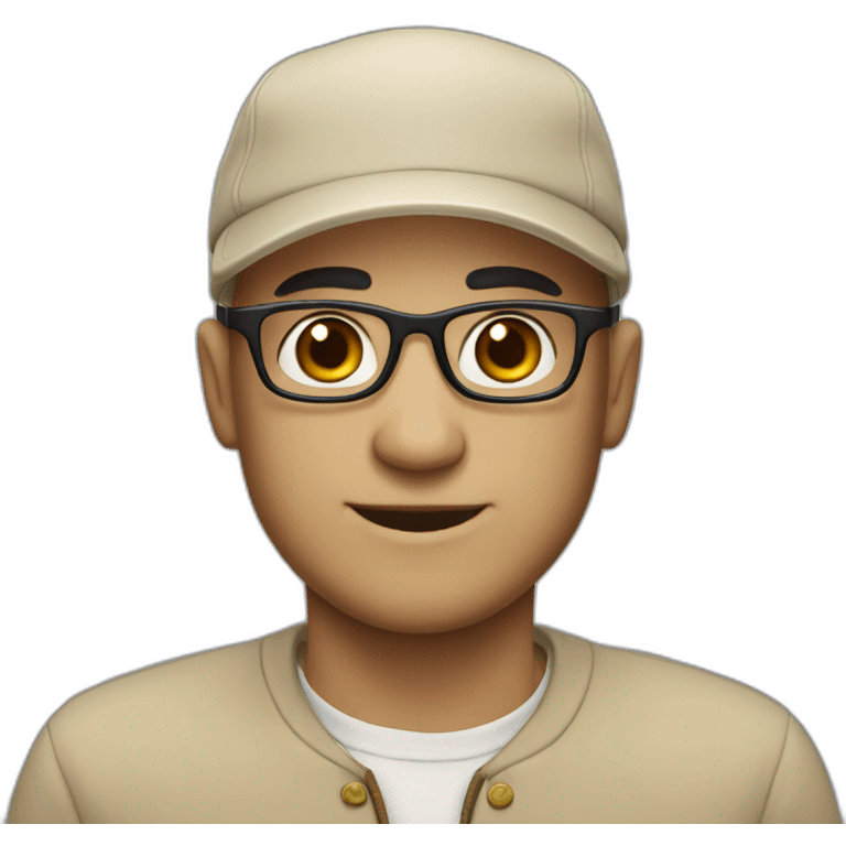 bald man with glasses, smiling, black eyebrows and beige docker cap emoji