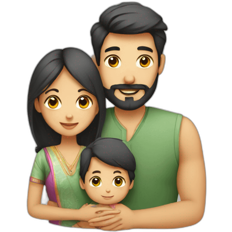 A family with Indian dad with beard and Chinese wife and 1 small baby emoji