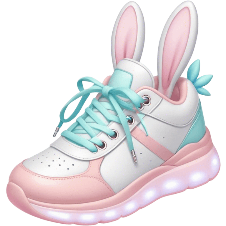 Cute Kawaii Shoe, small and bouncy, soft pastel sneakers with glowing highlights, cute sparkling eyes, a happy cheerful expression, laces tied like bunny ears! emoji