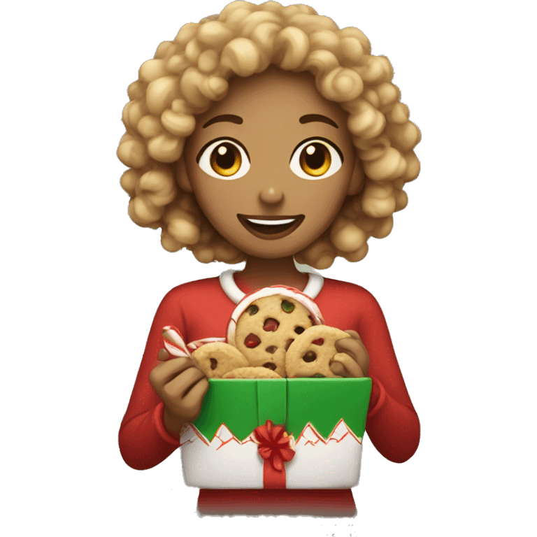 Light skinned women with curly hair eating a Christmas cookie emoji