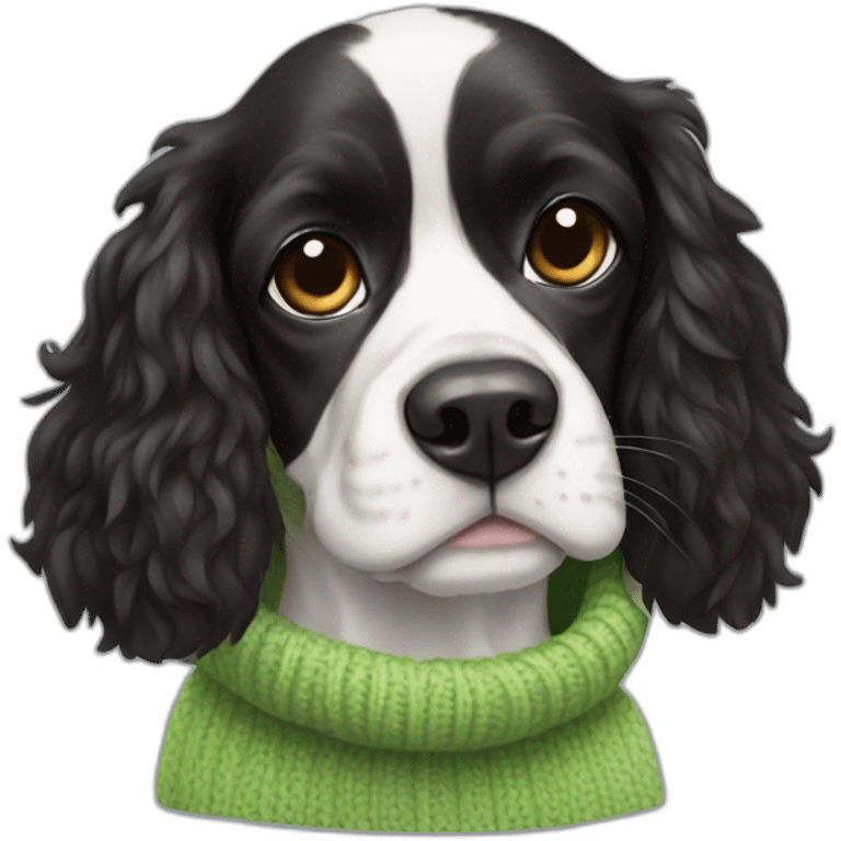 Black and white spaniel in frog sweater emoji