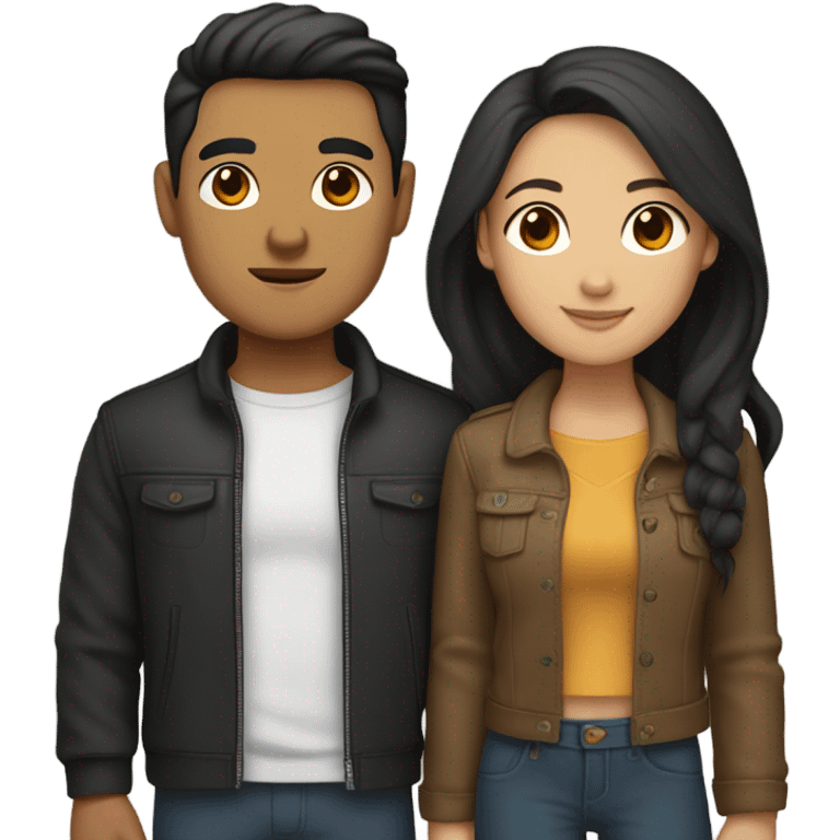 a couple holding hands. the guy has black middle part hair and is Persian and Filipino mix, wearing a jacket. the girl has brown hair white and asian mix, wearing a crop top. emoji