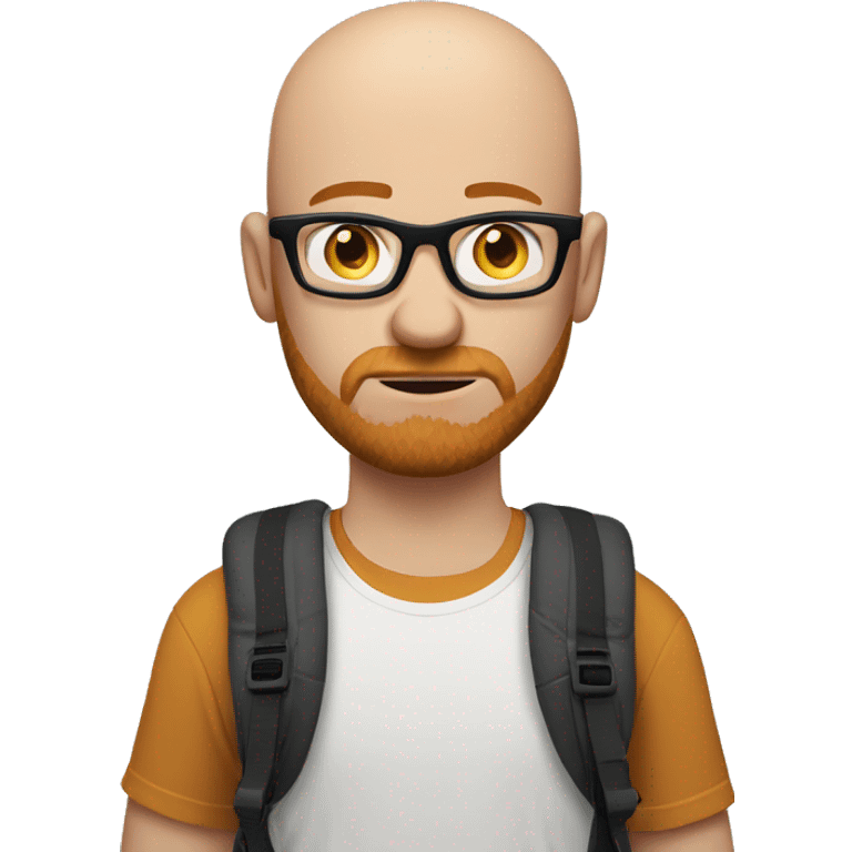 bald young man with ginger beard and black thin glasses, sad face, white t-shirt, backpack with action camera on his shoulder emoji