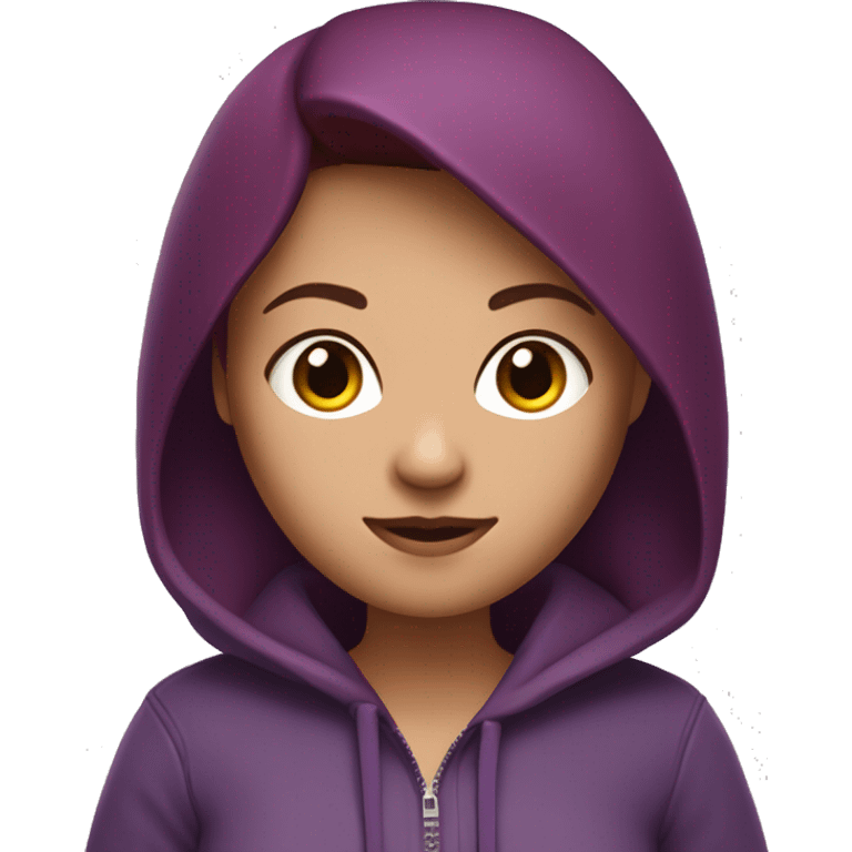 memoji of a woman with a laptop in front, 
apple-style,
modern,
dark red hair,
purple zip-hoodie,
computer in hand, 
white skin, 
an avatar image gonna be round  emoji