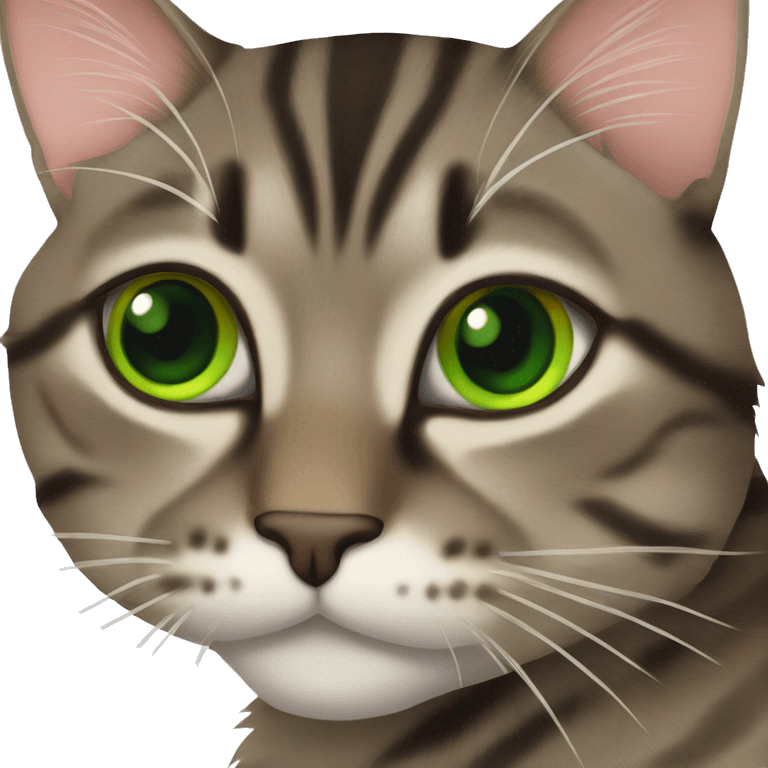 Dark brown tabby cat with slanted Green eyes sitting emoji