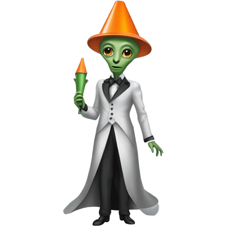 alien galora in Victorian dress elegant, full body, holding "big traffic cone" emoji