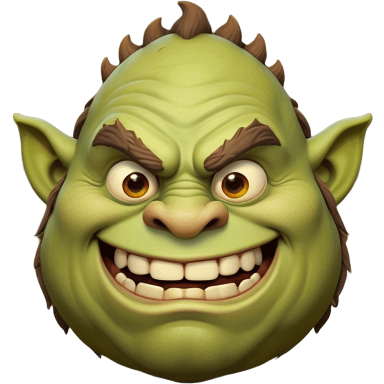 Cinematic Comical Ogre Portrait Emoji, with a strikingly exaggerated, bulky figure in vivid earthy greens and browns, head tilted in a dramatically surprised expression with wide, comically bulging eyes and a goofy, oversized grin, simplified yet hilariously exaggerated, highly detailed with a soft, cartoonish glowing outline capturing the playful absurdity of a meme-worthy ogre! emoji