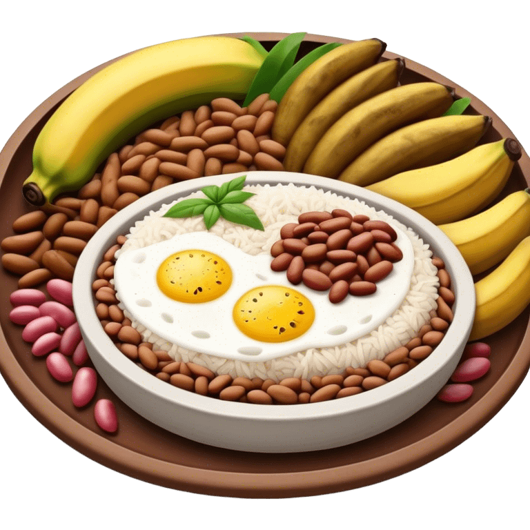 Cinematic Realistic Bandeja Paisa Dish Emoji, depicted as a hearty platter featuring beans, rice, meat, and plantains rendered with detailed textures and vibrant, robust lighting. emoji