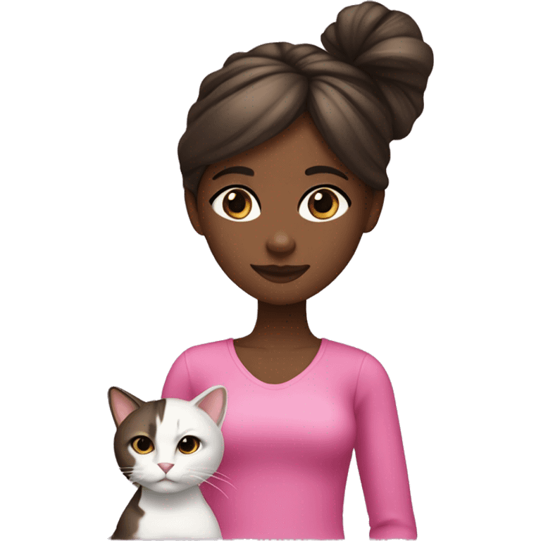 A black girl with straight brown hylight hair, gloss and black eyes, she has a cat who has a pink knot emoji