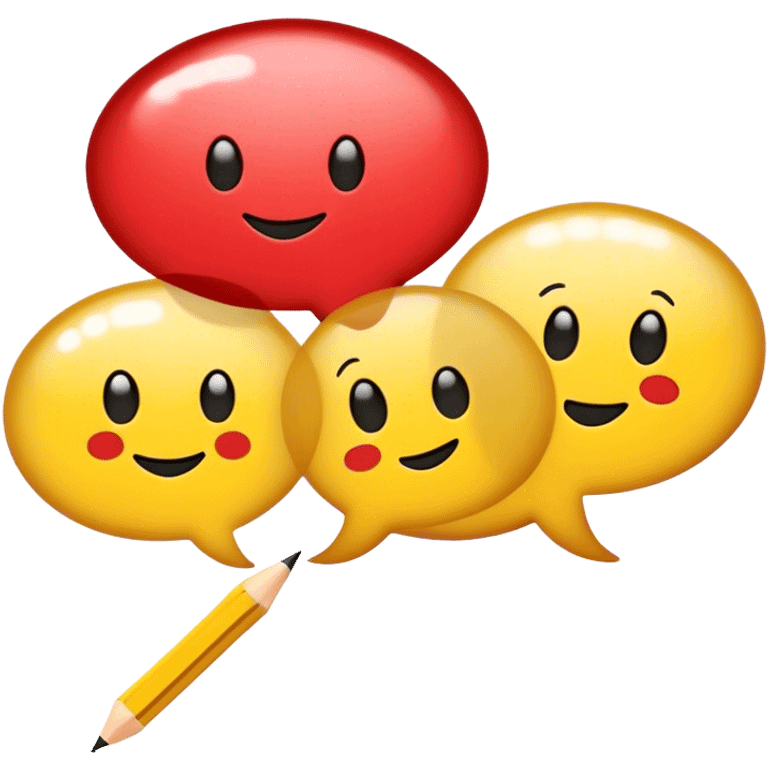 Create a vibrant and focused emoji representing writing text for comic books. The design should feature an open comic book with visible speech bubbles and text lines. A pencil or quill (without a hand) should be shown writing or sketching text into the bubbles. The background should show subtle comic panels with empty spaces awaiting dialogue, emphasizing the writing process. Use a mix of bright and bold colors like black, red, and yellow to convey creativity and energy. The overall design should evoke the art of storytelling through text in comic books. Make the background transparent. emoji