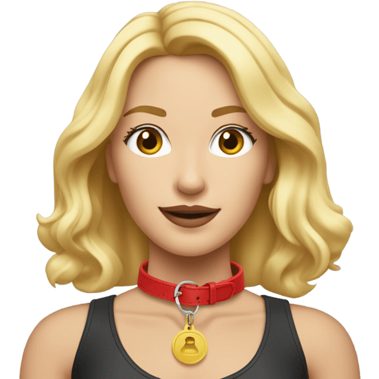 Put a Red leather dog collar and golden tag on a blond white female with medium length hair emoji